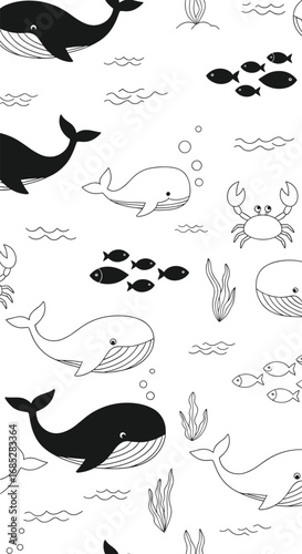 Charming silhouette whales and school of fish seamless repeating pattern design