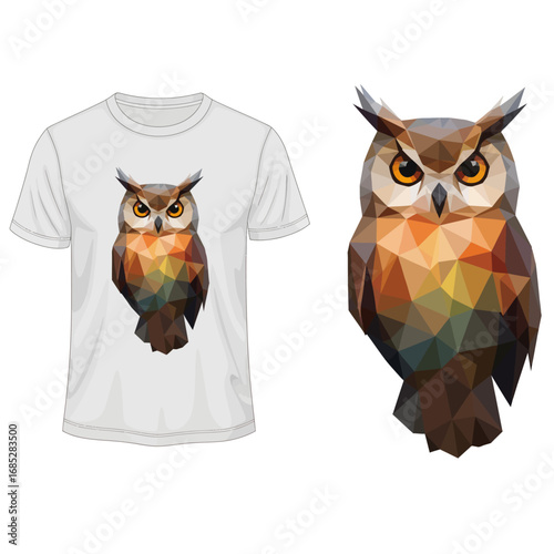 A low-poly geometric owl t-shirt design with a modern, polygonal style vector illustration