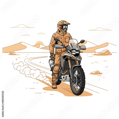 motorbike desert adventure rider enjoying the landscape, vector illustration