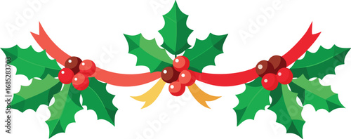 Christmas fir garlands, red bow and jingle bells. Flat vector illustration on transparent background