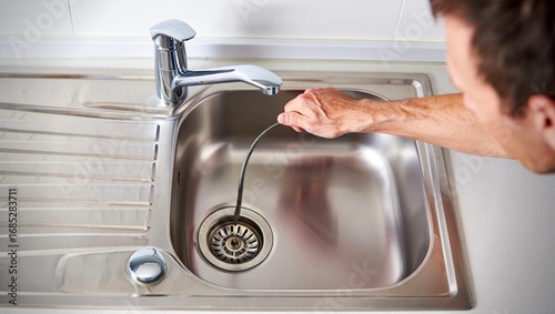 Photos A hand uses a plumbing snake to clear a clogged drain in a white sink, illustrating home maintenance, repair, and problem-solving