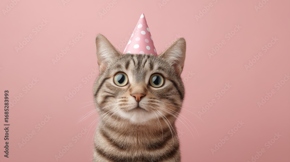 Obraz premium Adorable tabby cat wearing a festive pink party hat against a soft pink background, perfect for celebrating birthdays and special occasions