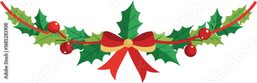 Christmas fir garlands, red bow and jingle bells. Flat vector illustration on transparent background