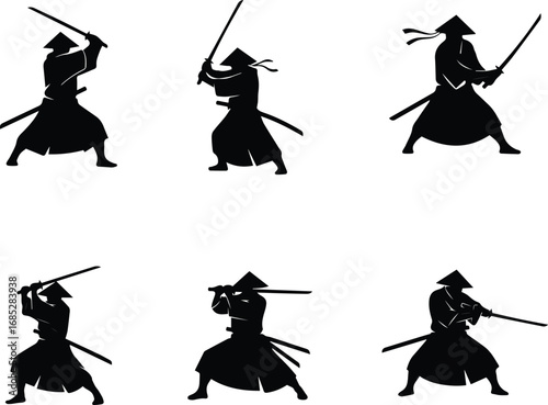 set of samurai warrior silhouettes in various fighting stances, showcasing traditional japanese martial arts and culture