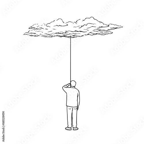 Illustration of man looking up at cloud connected by string concept of hope and connection to nature art 100