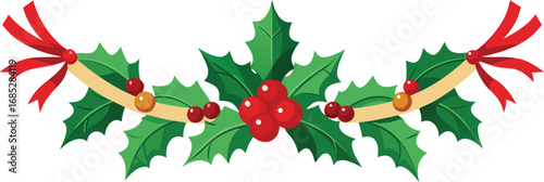 Christmas fir garlands, red bow and jingle bells. Flat vector illustration on transparent background
