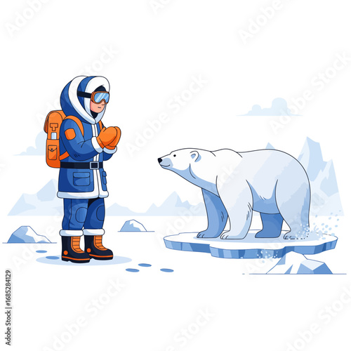 Polar bear survival explorer character illustration of a person with a backpack and gear facing a polar bear on a snow-covered arctic landscape