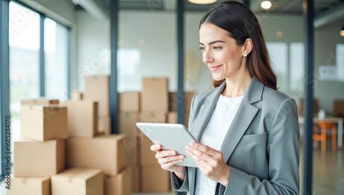 a female manager with a tablet side view against a background of cardboard boxes