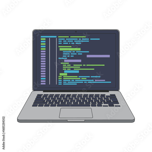 Illustration of a Laptop with Coding Screen, Technology Concept, Digital Art, Isolated on White Background