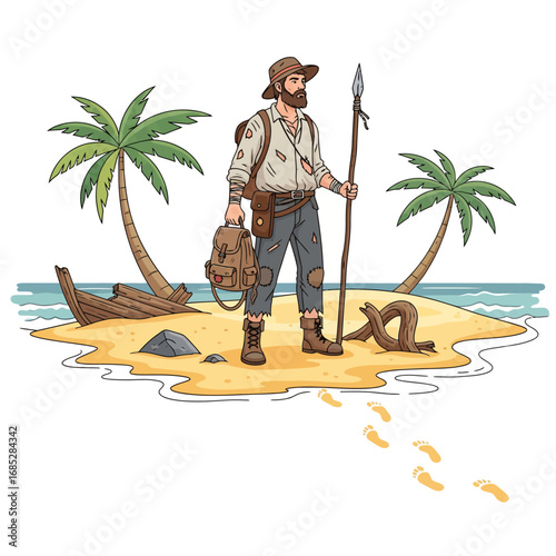 Shipwreck survivor on island character, a stranded adventurer with a backpack and spear standing on a deserted beach with a crashed boat and footprints