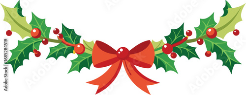 Christmas fir garlands, red bow and jingle bells. Flat vector illustration on transparent background