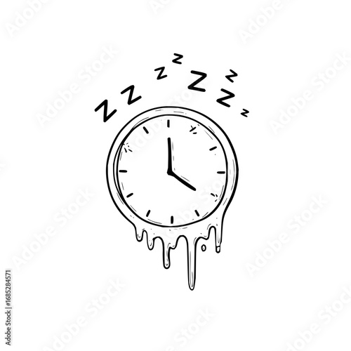 Melting clock time sleep doodle illustration concept for deadline and procrastination design resource needs