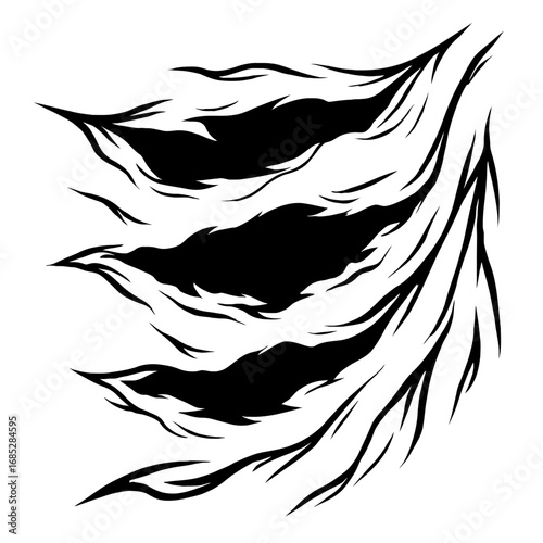 Dynamic black and white abstract graphic showcasing aggressive, stylized animal claw marks or a fierce ripping fabric effect, perfect for edgy design projects, game textures, print, and digital media,
