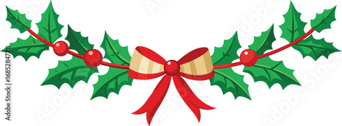 Christmas fir garlands, red bow and jingle bells. Flat vector illustration on transparent background