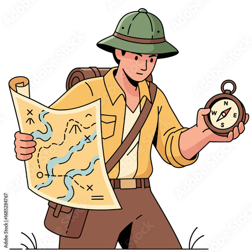 Treasure map hunter explorer character with a compass and a rolled map, ready for adventure in this stylized flat vector illustration