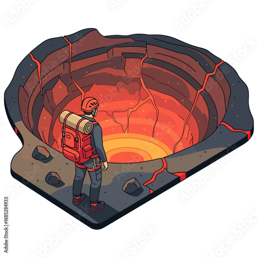 Volcano crater expedition adventurer exploring a fiery volcanic landscape with a backpack and climbing gear, in a stylized vector illustration