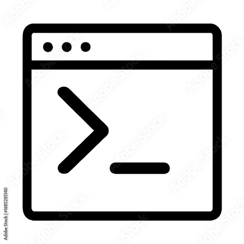 Terminal window outline icon with command prompt ('>') and cursor ('_'). Represents CLIs, programming, scripting, software development, system administration, IT ops, automation, and developer tools. 