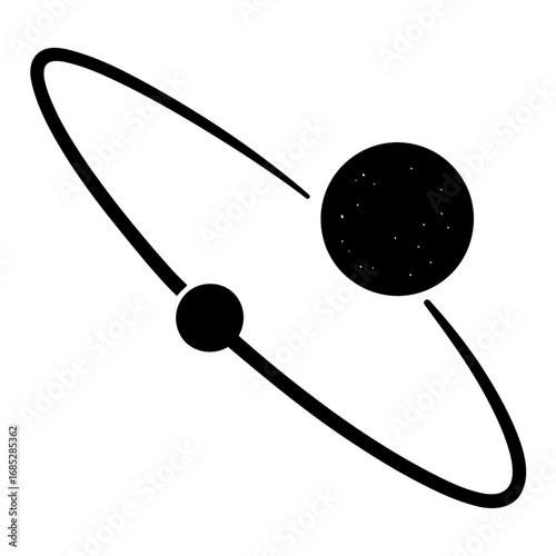 Minimalist black and white icon depicting a stylized atomic model with an electron orbiting its nucleus, or a planet revolving around a central star, representing fundamental scientific principles of 