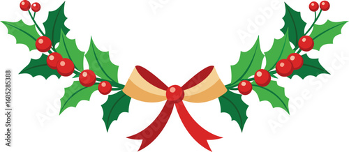 Christmas fir garlands, red bow and jingle bells. Flat vector illustration on transparent background