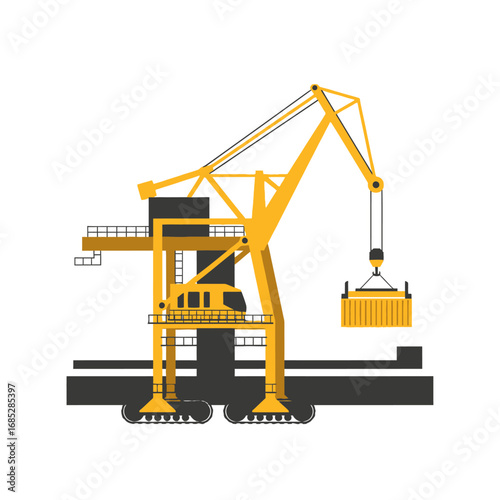 Crane Lifting Container at Shipping Yard, Vector Illustration, Minimalist Design, Isolated View
