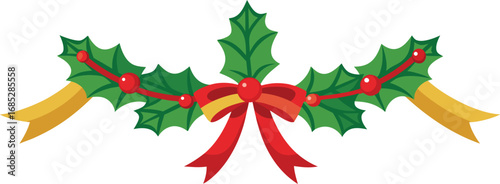 Christmas fir garlands, red bow and jingle bells. Flat vector illustration on transparent background