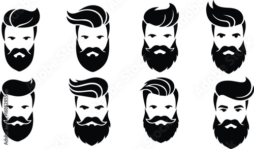 set of eight different beard and mustache styles, perfect for barber shop or hipster fashion design and logo