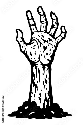 Chilling monochrome vector illustration depicting a ghoulish zombie hand clawing its way up from a freshly disturbed grave, surrounded by dirt. This graphic evokes classic horror, reanimation, Hallowe