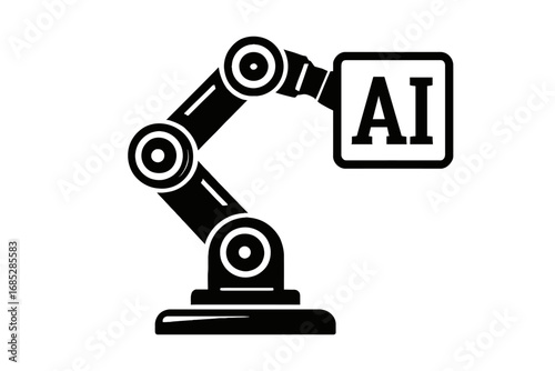 Powerful Black Silhouette of an Industrial Robotic Arm Digitally Interacting with an 'AI' Display, Symbolizing the Advanced Integration of Artificial Intelligence in Modern Robotics, Driving Future Au