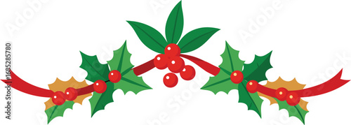Christmas fir garlands, red bow and jingle bells. Flat vector illustration on transparent background