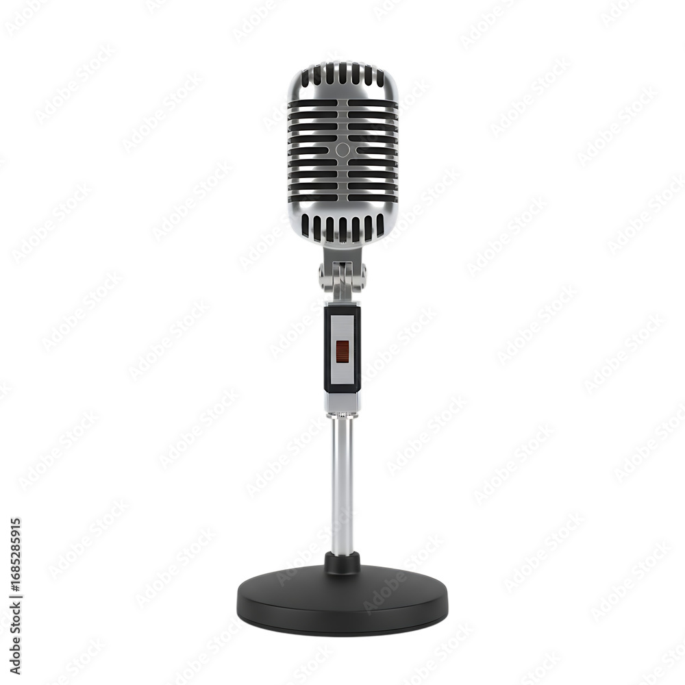 Fototapeta premium Classic retro microphone on a stand isolated for studio recording and live performance transparent background