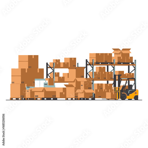Forklift Moving Boxes in a Storage Facility with Shelving Units