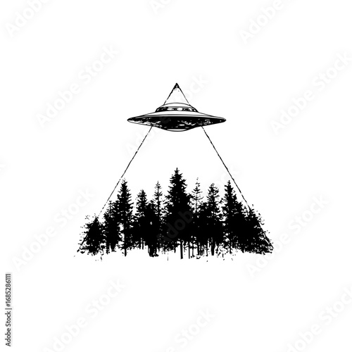 Ufo abduction over forest drawing illustration alien spaceship beam of light in black and white vector art