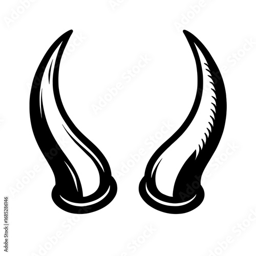 Striking pair of black stylized devil horns, ideal for dark fantasy illustrations, gothic designs, Halloween costumes, evil character concepts, vector art, mythical creature imagery, and powerful symb
