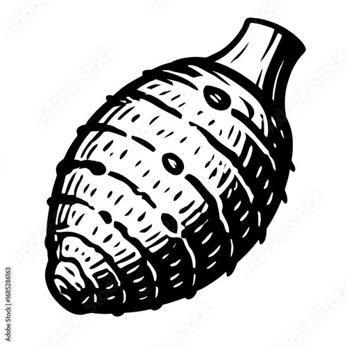 Black and white hand-drawn sketch illustration of a tropical taro root vegetable, also known as cocoyam or dasheen, a starchy tuber used as a staple food in many global cuisines, perfect for culinary,
