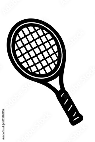 Classic black and white tennis racket illustration, perfect for sports enthusiasts, athletic training, and competitive game design. This detailed graphic icon represents professional and amateur tenni