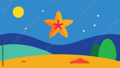 Whimsical Beach Scene with Starfish Under a Yellow Sun landscape illustration