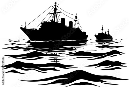 ship in the sea, ship, boat, sea, silhouette, vector, illustration, vessel, transportation, nautical, cruise, cargo, water, fishing, yacht, transport, travel, ocean, submarine, shipping, military, con