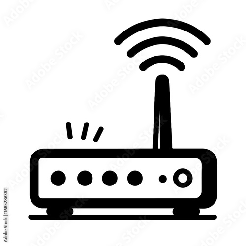 Wireless WiFi router icon, black and white vector, with antenna and signal waves, prominent indicator lights. Represents internet connectivity, home network, high-speed broadband, digital communicatio