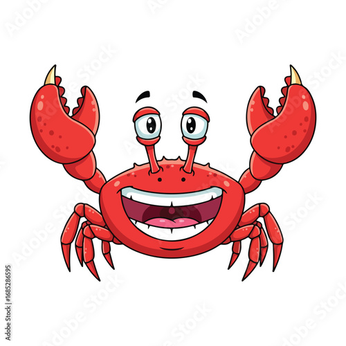 Happy cartoon crab with claws raised isolated on white background