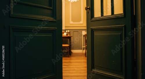 A glimpse into a dimly lit, elegant room through slightly ajar antique doors.