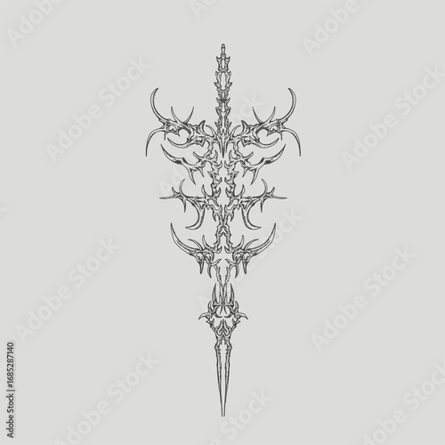Vertical neo tribal ornament vector with sharp symmetrical design, gothic and futuristic style resembling a spear or totem, perfect for tattoo, streetwear, poster, or dark digital art