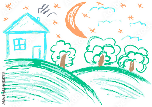 Children's drawing with wax crayons, pastels