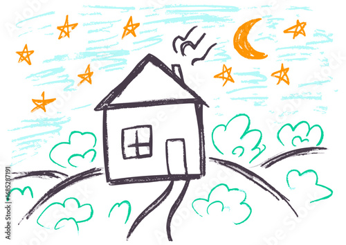 Children's drawing with wax crayons, pastels
