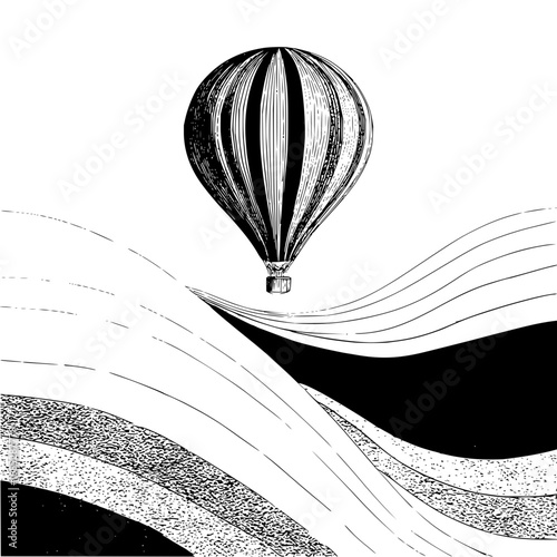 Vintage hot air balloon illustration over abstract landscape drawing in black and white graphic design style