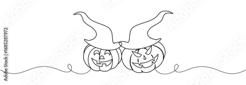 line art of pumpkins and halloween hats