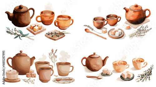 Watercolor tea set illustration with teapots, cups, herbs, and sugar cubes. Perfect for cafe menus, kitchen decor, tea packaging, and cozy lifestyle designs.