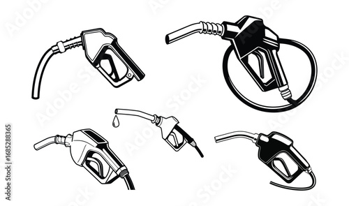 Vector illustration of fuel nozzles, gas pumps, and petrol dispensers on white.
