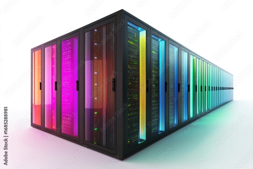 Obraz premium Modern data center with futuristic server racks glowing in gradient neon lights, representing cloud computing, IT infrastructure, secure storage, and high performance digital networking