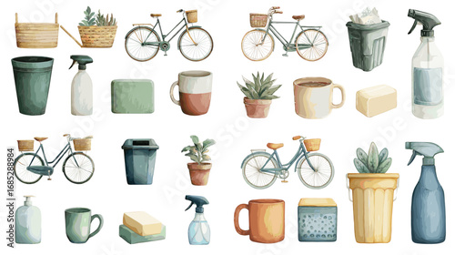 😊😊😊😊😊😊😊😊😊😊😊😊😊Watercolor eco lifestyle items illustration set with bicycles, plants, mugs, and cleaning tools. Perfect for sustainable living, zero waste, and eco-friendly design projects.