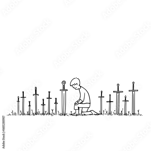 Boy kneeling swords art illustration drawing sword in the ground memorial remembrance grief sorrow loss 10 swords